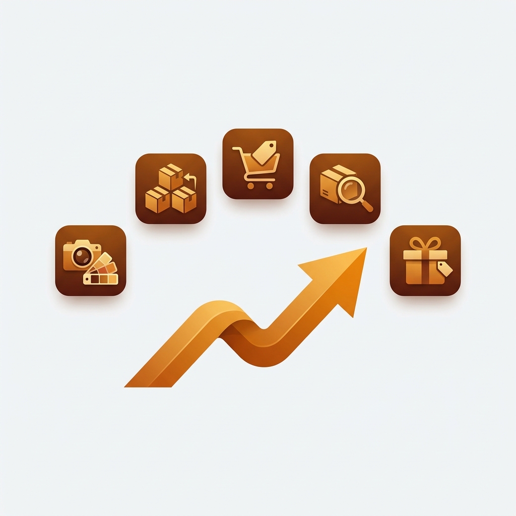 five different Shopify app icons floating above an upward-trending sales chart arrow, each icon representing a different store function like images and swatches and product grouping
