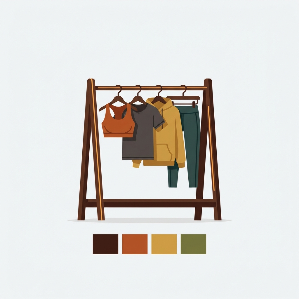 an apparel clothing rack with athletic gym wear hanging in multiple colors and a small color swatch row underneath, dark chocolate brown wood rack with warm amber accents, premium minimal clean composition