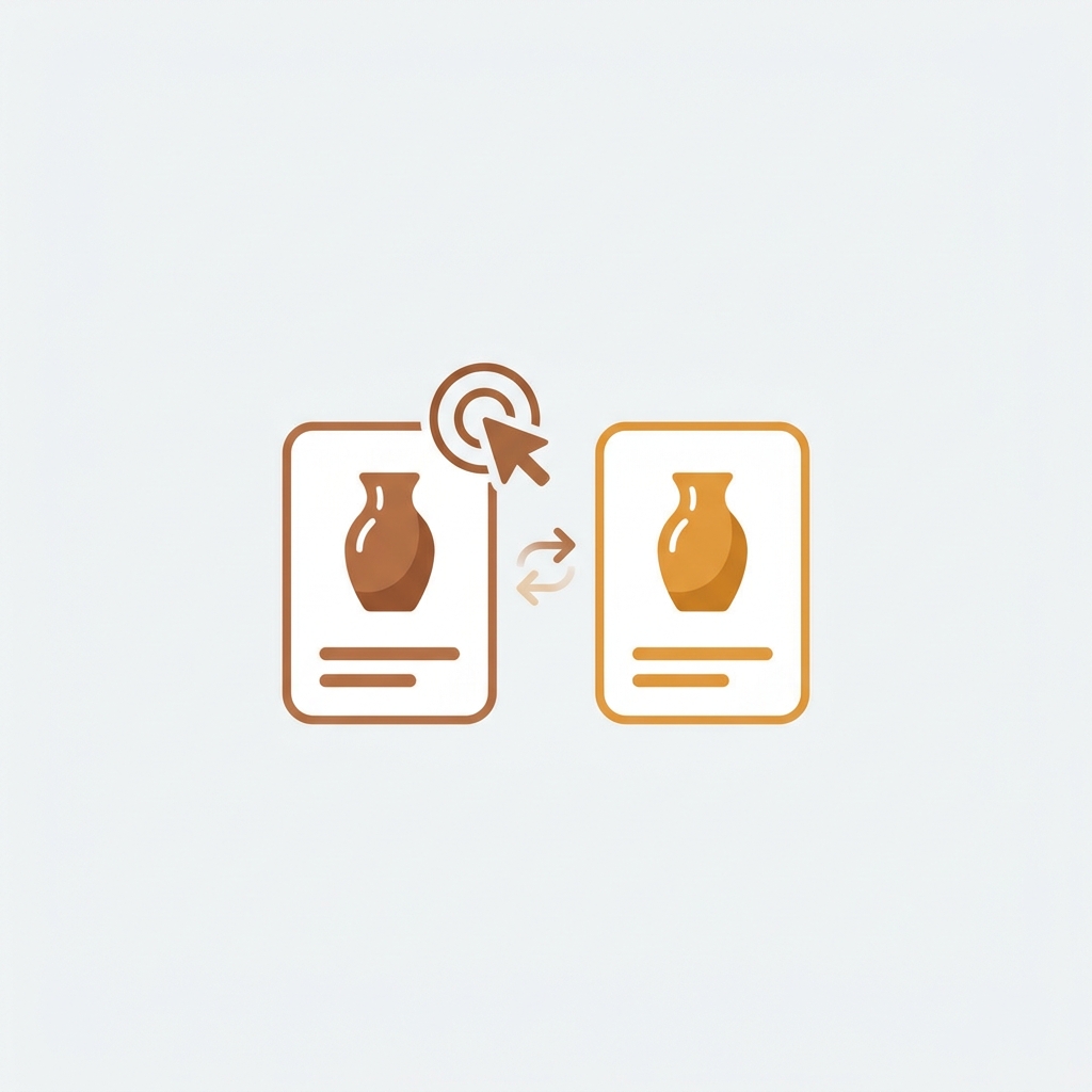 a product gallery transitioning between two different variant colors with a click indicator showing the swap