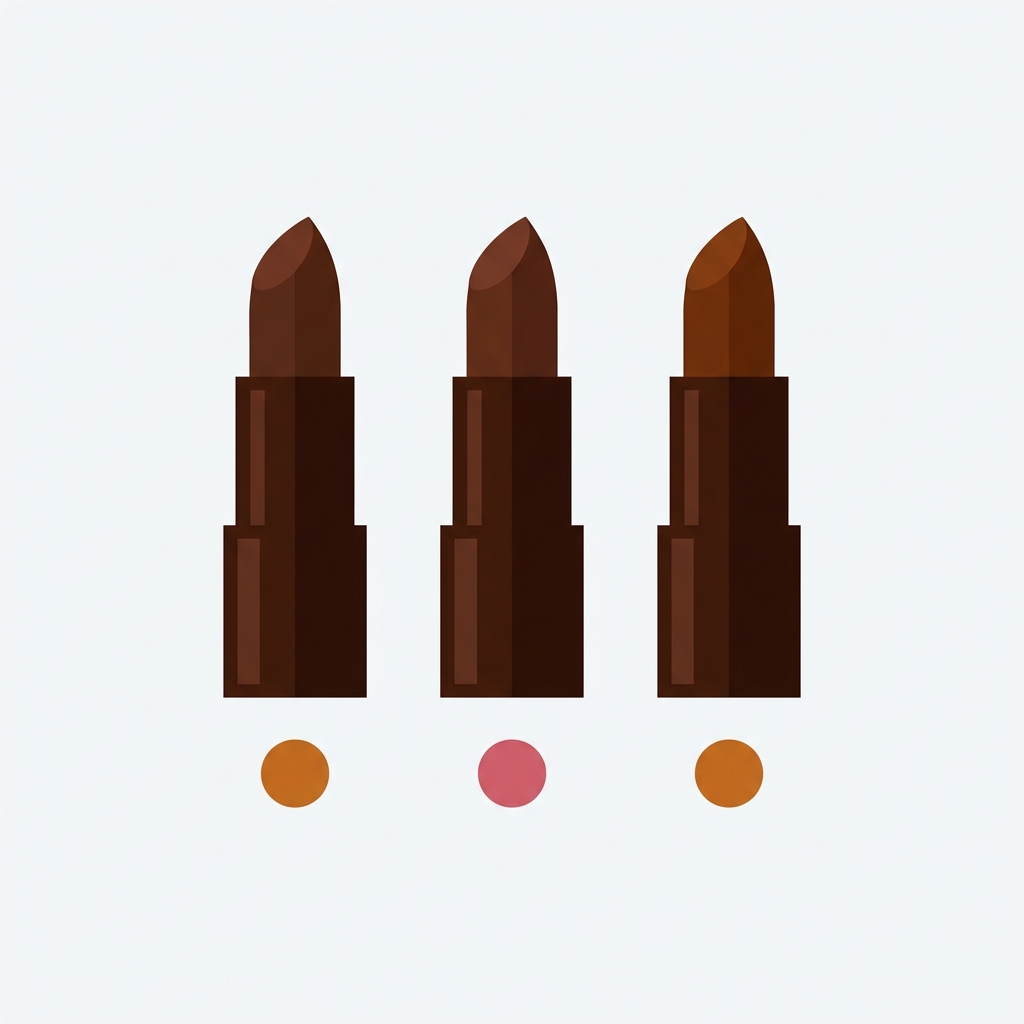 a row of three lipstick bullets standing upright with small color swatch dots beneath them, dark chocolate brown lipstick tubes with warm amber and rose pink shade swatches, premium minimal beauty composition