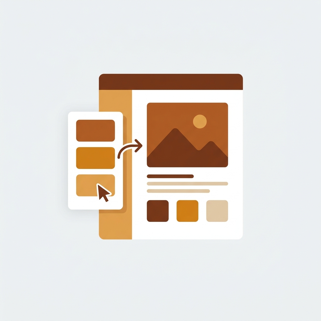 a page builder interface with drag-and-drop blocks showing a product page with color variant swatches