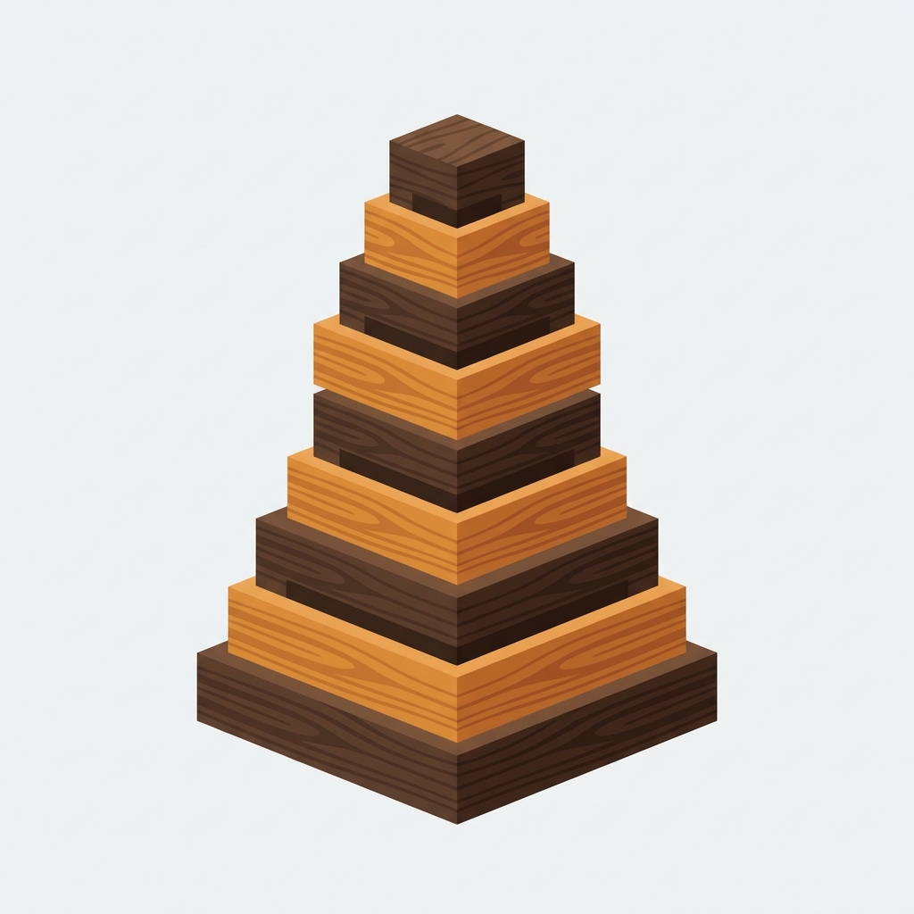 stacked layered architectural blocks nested inside each other like a tower with eight tiers, dark chocolate brown and warm amber wood tones, premium minimal clean composition