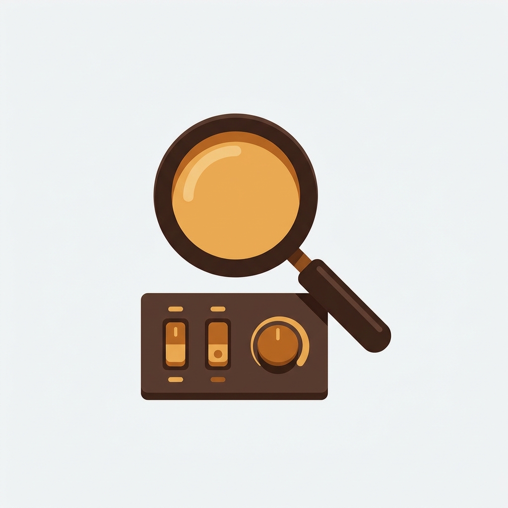 a large magnifying glass hovering over a panel of toggle switches and dials, dark chocolate brown frame with warm amber accents on lens and toggles, premium minimal clean composition