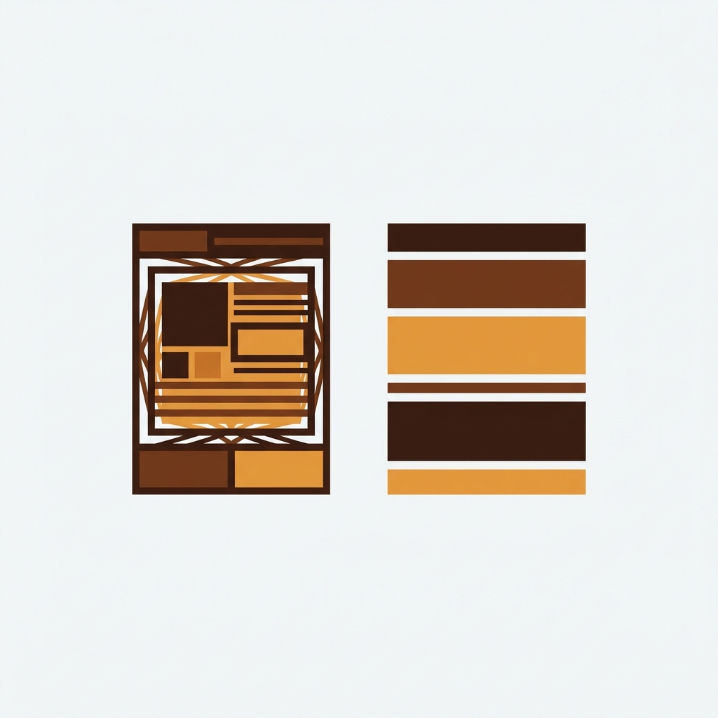 two simplified abstract storefront product page silhouettes side by side, the left one with intricate nested layered structure and the right one with simple stacked rectangles, dark chocolate brown and warm amber tones