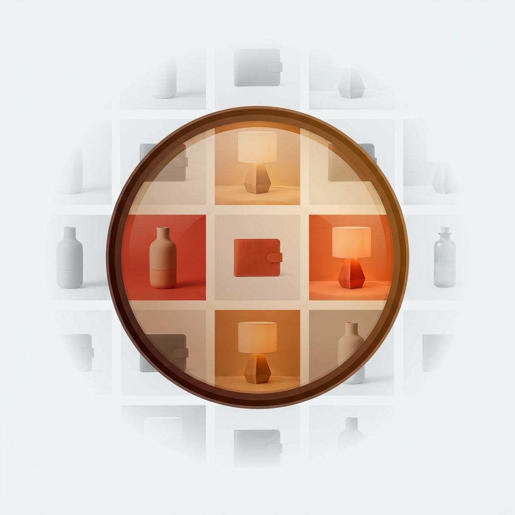 a product image gallery with a filter lens showing only red variant photos while grey photos fade away in the background