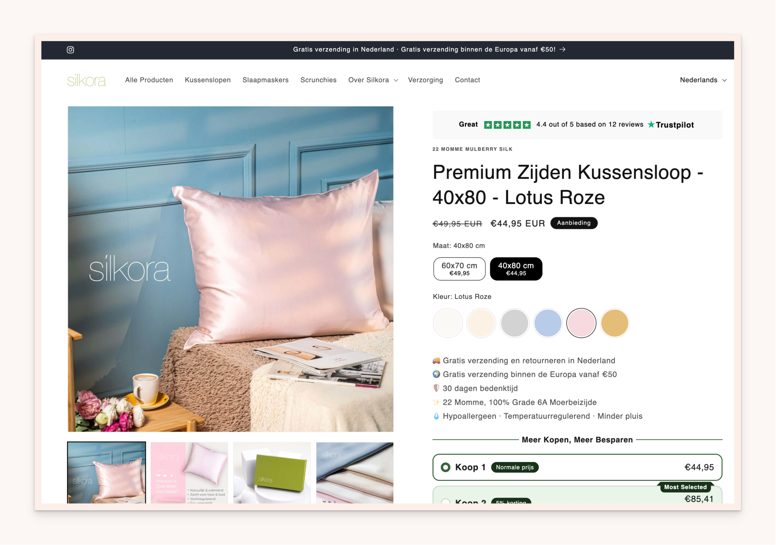 Silkora product page showing multi-option swatches for size (40x80, 60x70) and six colors on a Dutch silk pillowcase store