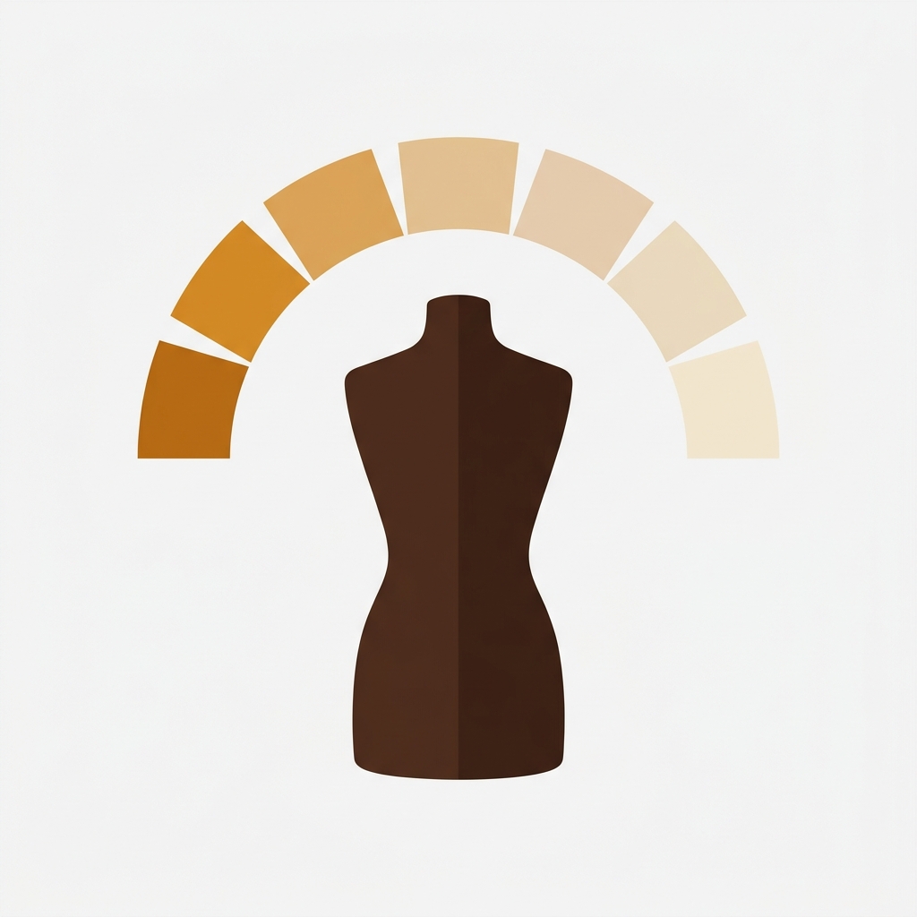 a minimal mannequin torso silhouette with a row of fabric color shade swatches arranged in a graceful arc, dark chocolate brown body with warm amber and beige neutral swatch tones, premium editorial composition