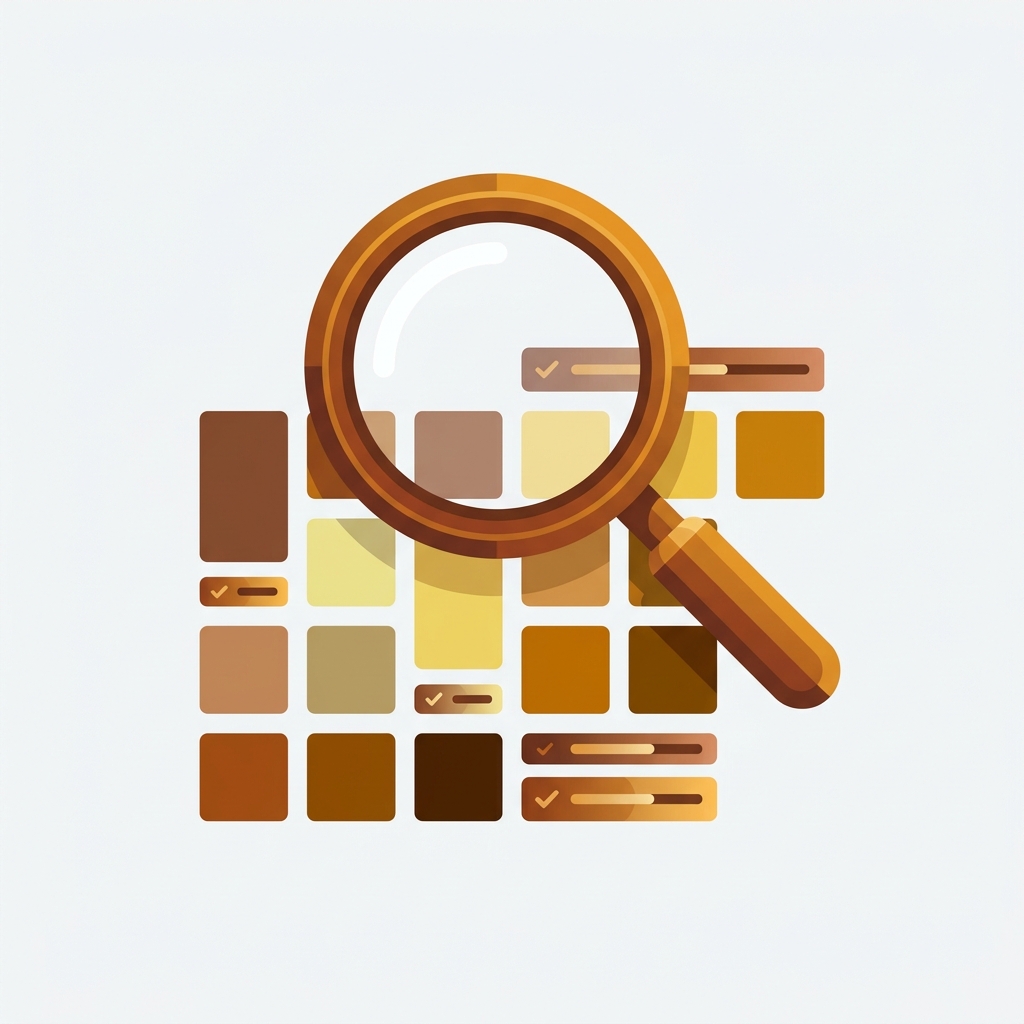 a magnifying glass over a collection grid with color swatches and small ranking bars