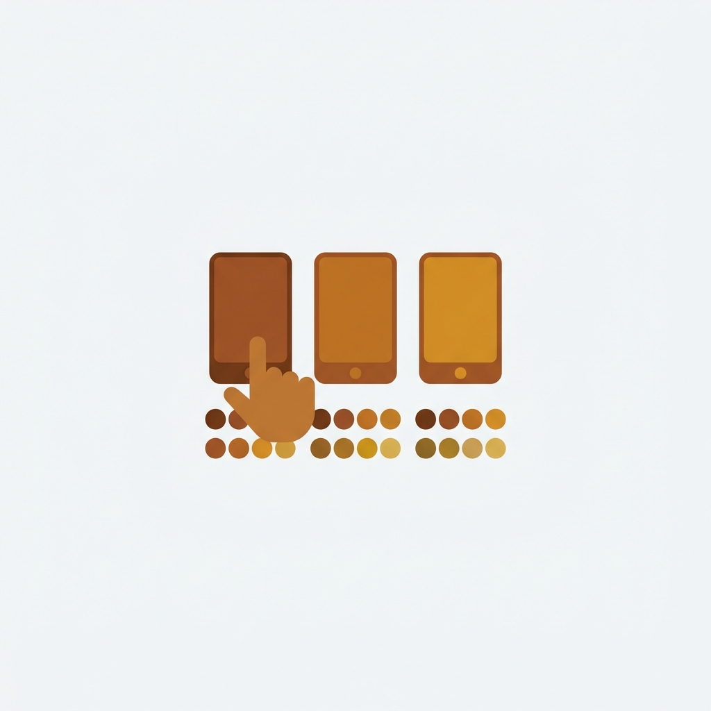 a smartphone collection page with color swatches under cards and a thumb tapping one