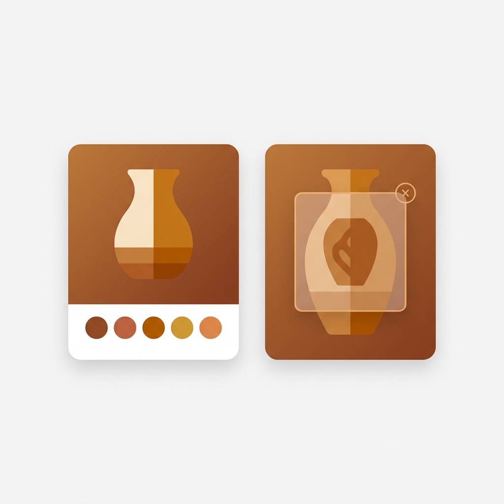 two collection product cards, one with a row of color swatches, one with a quick-view popup overlay