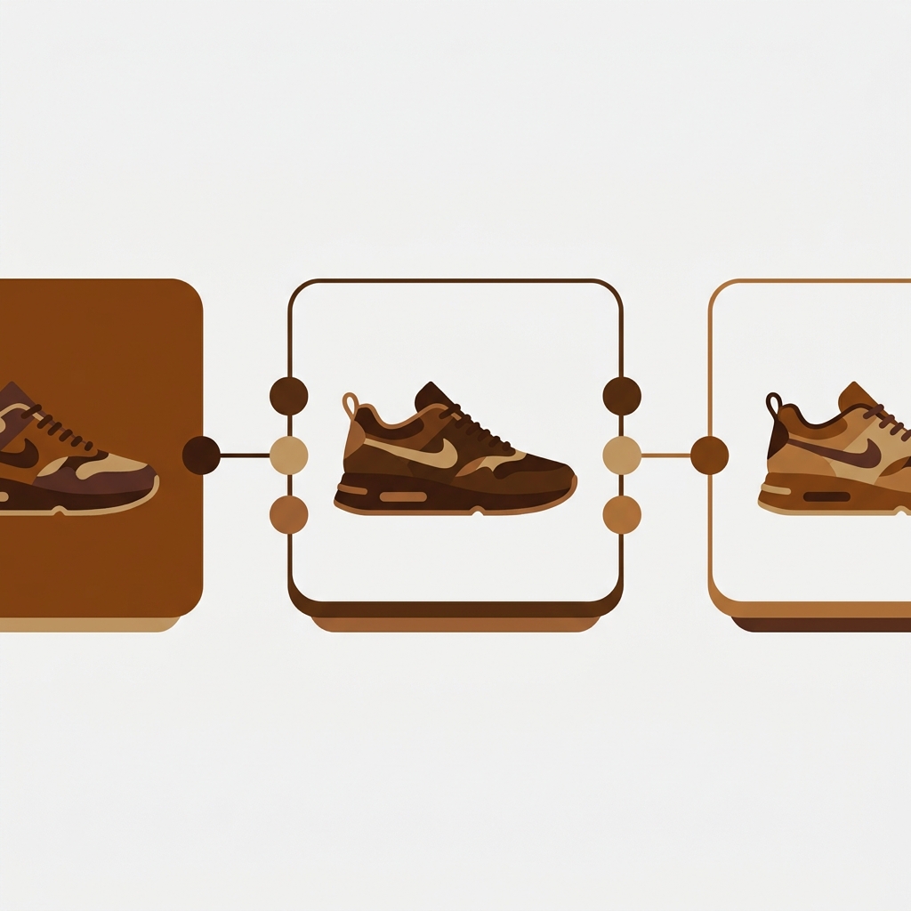 three sneakers in different colors as separate cards joined by connecting swatch dots
