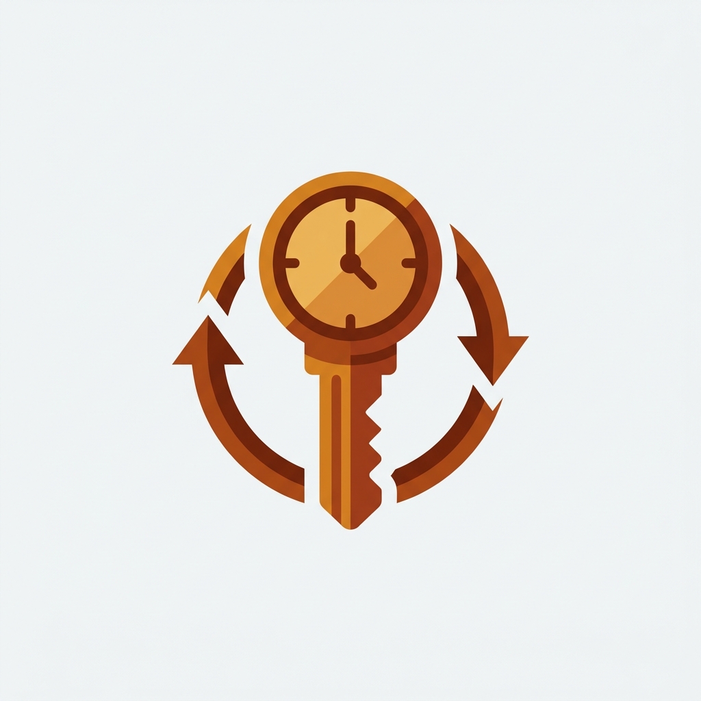 a single security access key with a circular clock face and rotation refresh arrows wrapping around it, representing an expiring and rotating authentication token