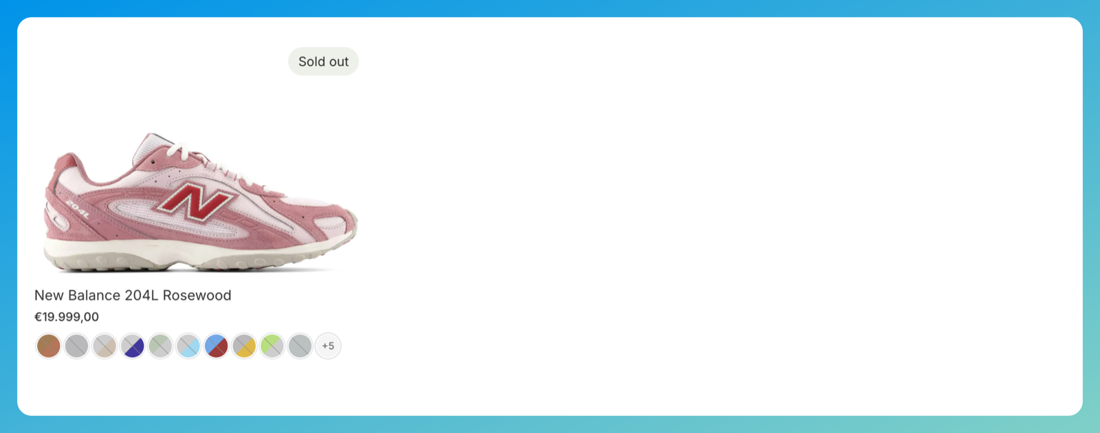 Shopify collection page showing one product card with a color swatch row and a plus five overflow indicator