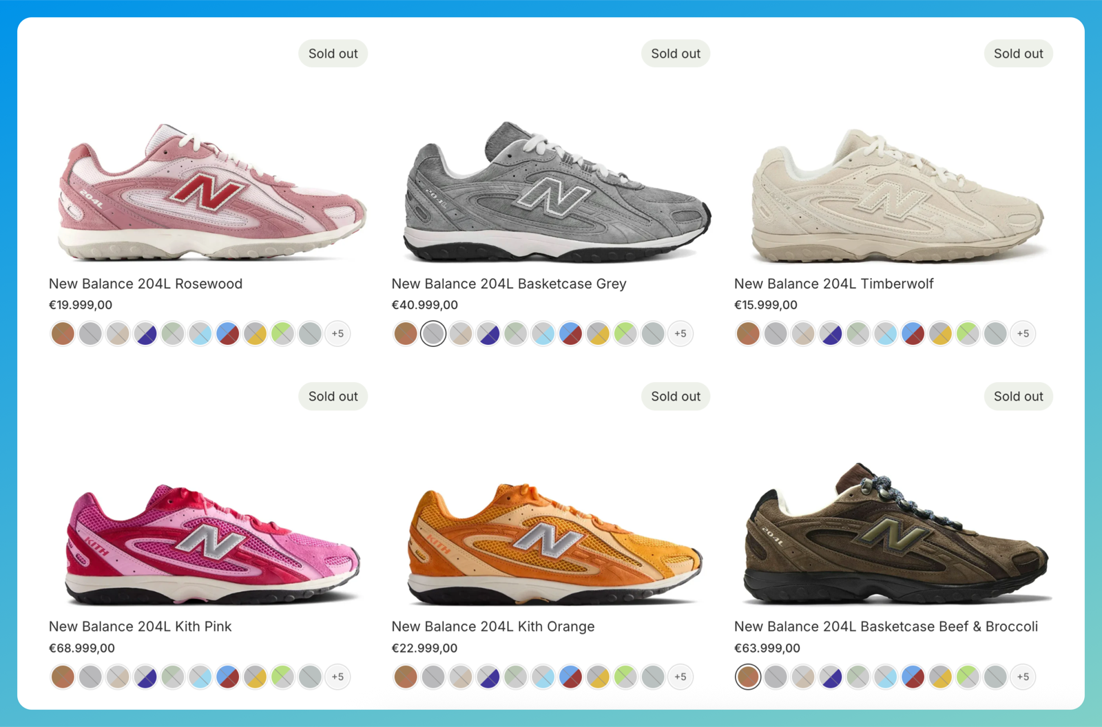 Shopify collection page showing every color of one sneaker as a separate product card