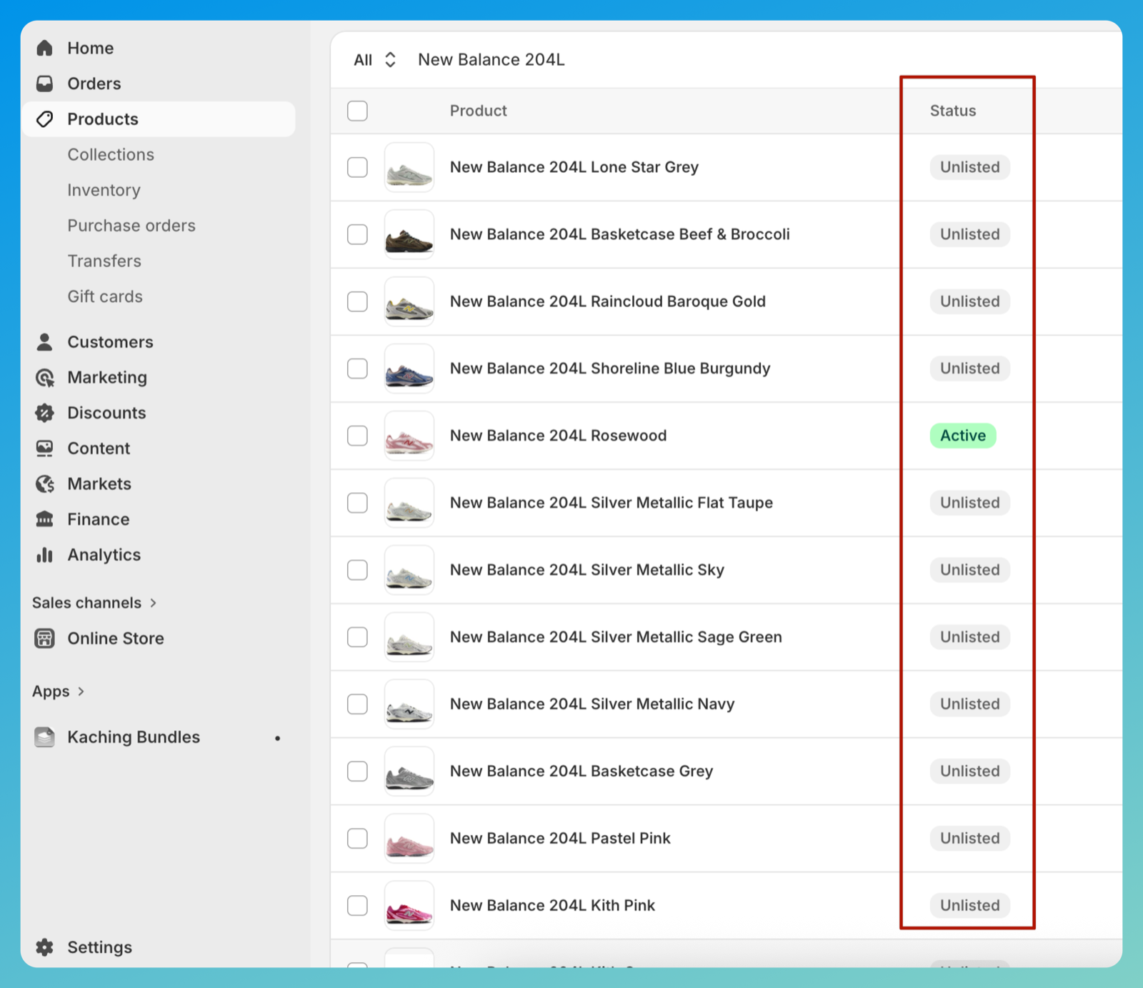 Shopify admin Products list with the Status column showing Unlisted for most products and Active for one