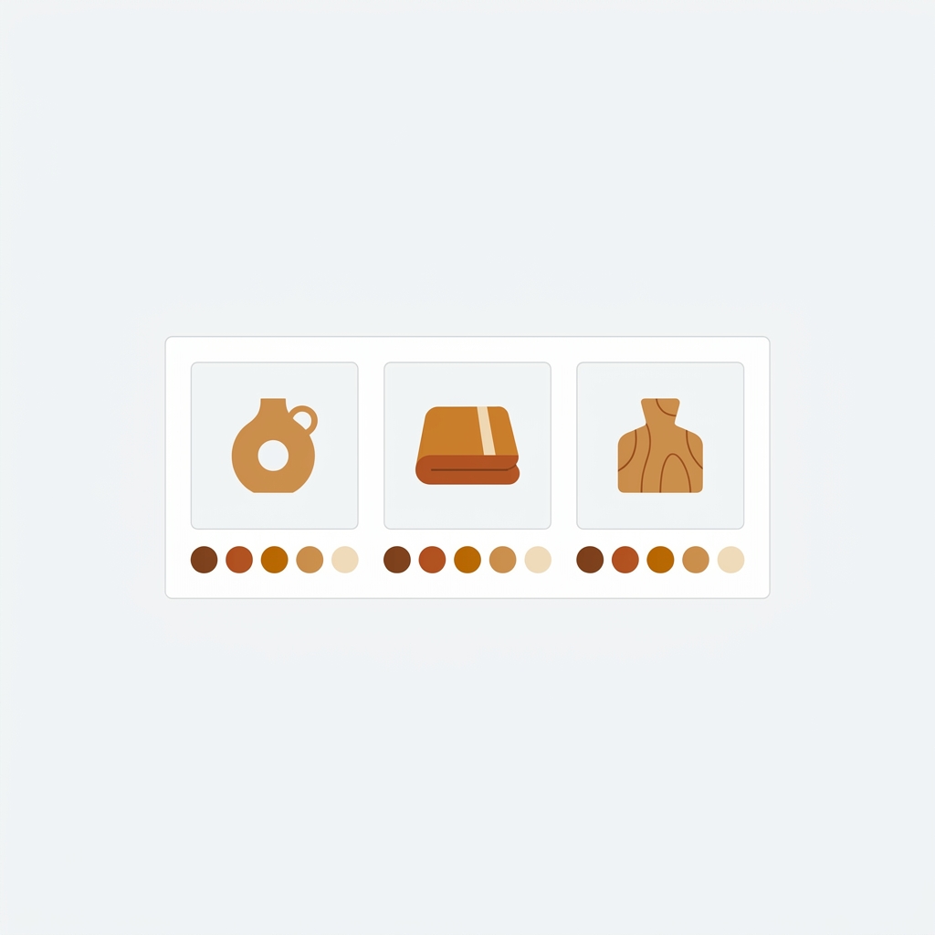 a clean shopify collection grid where each product card has a neat row of color swatches, guide aesthetic