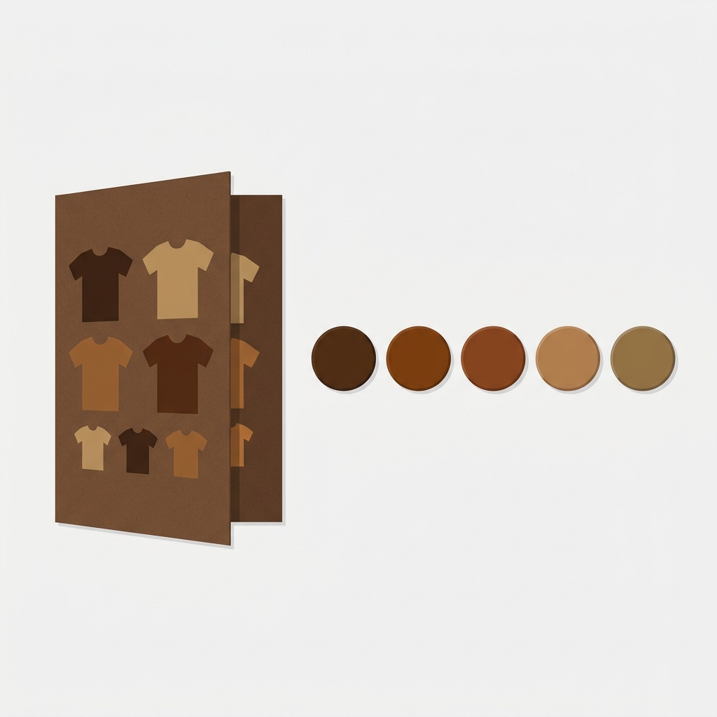 a folded size chart card shown beside a row of color swatch dots of one t-shirt