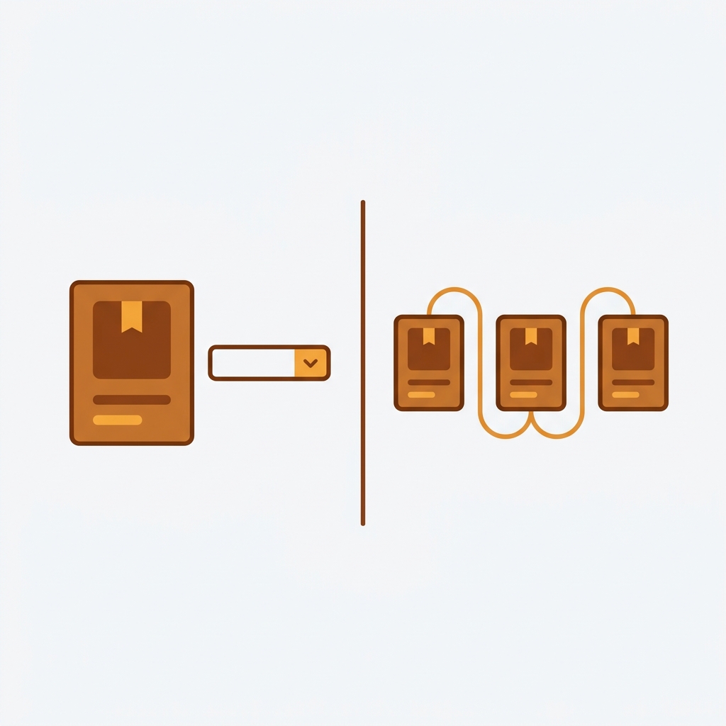 a split image, left one product with a variant dropdown, right three separate product cards linked together