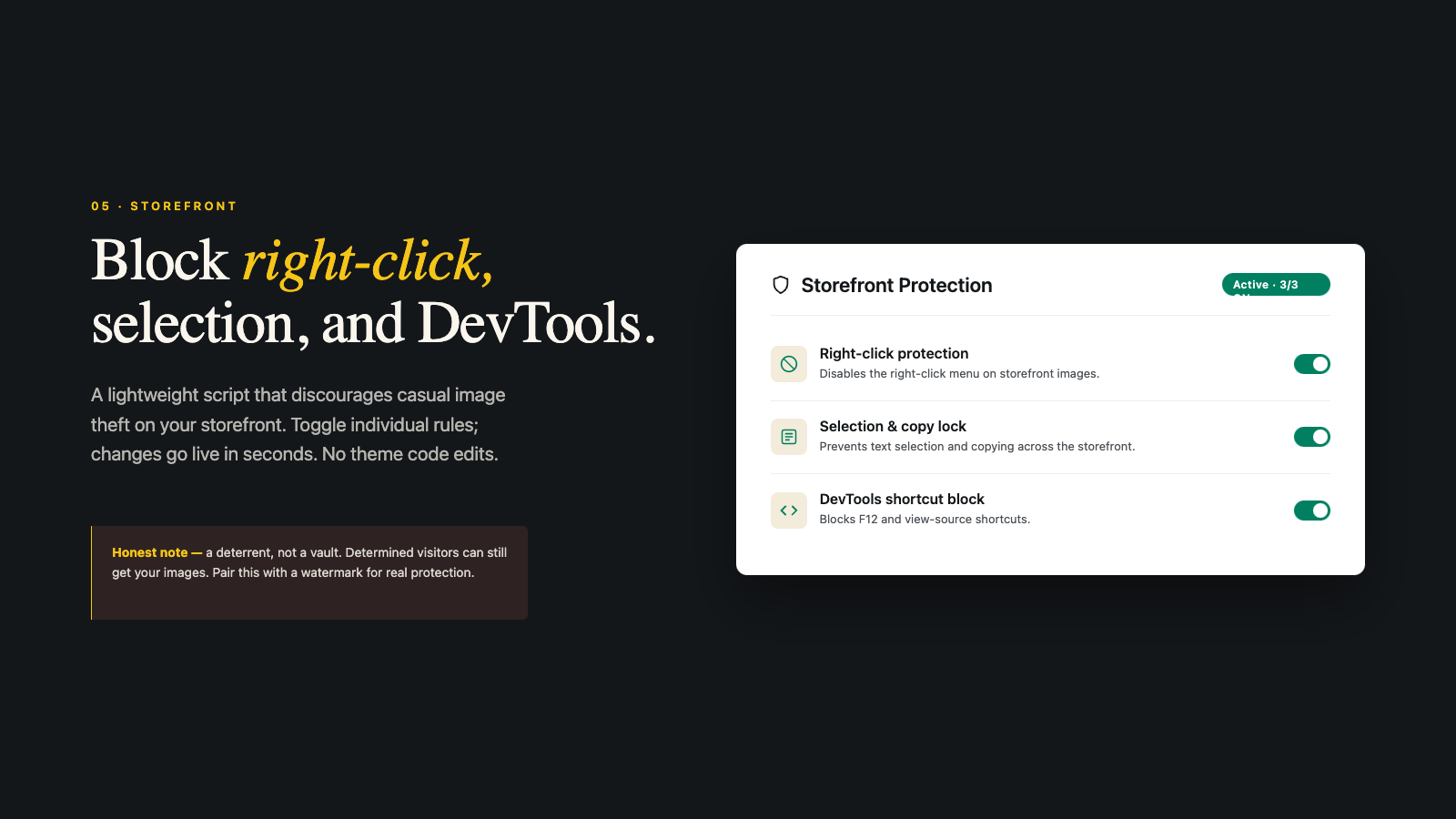 Viking Watermark storefront protection blocking right-click, selection, and DevTools