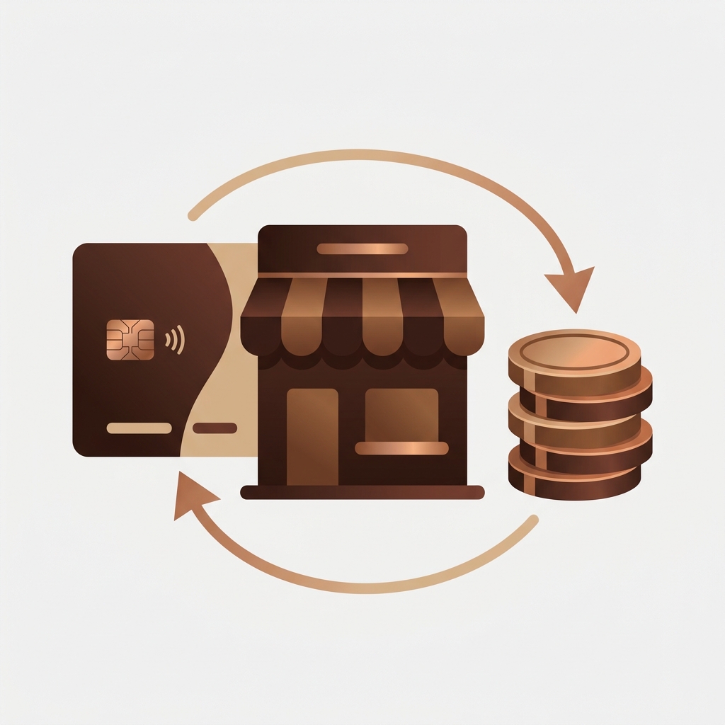 a business credit card beside a small Shopify storefront and a neat stack of coins, subtle cash-flow arrows