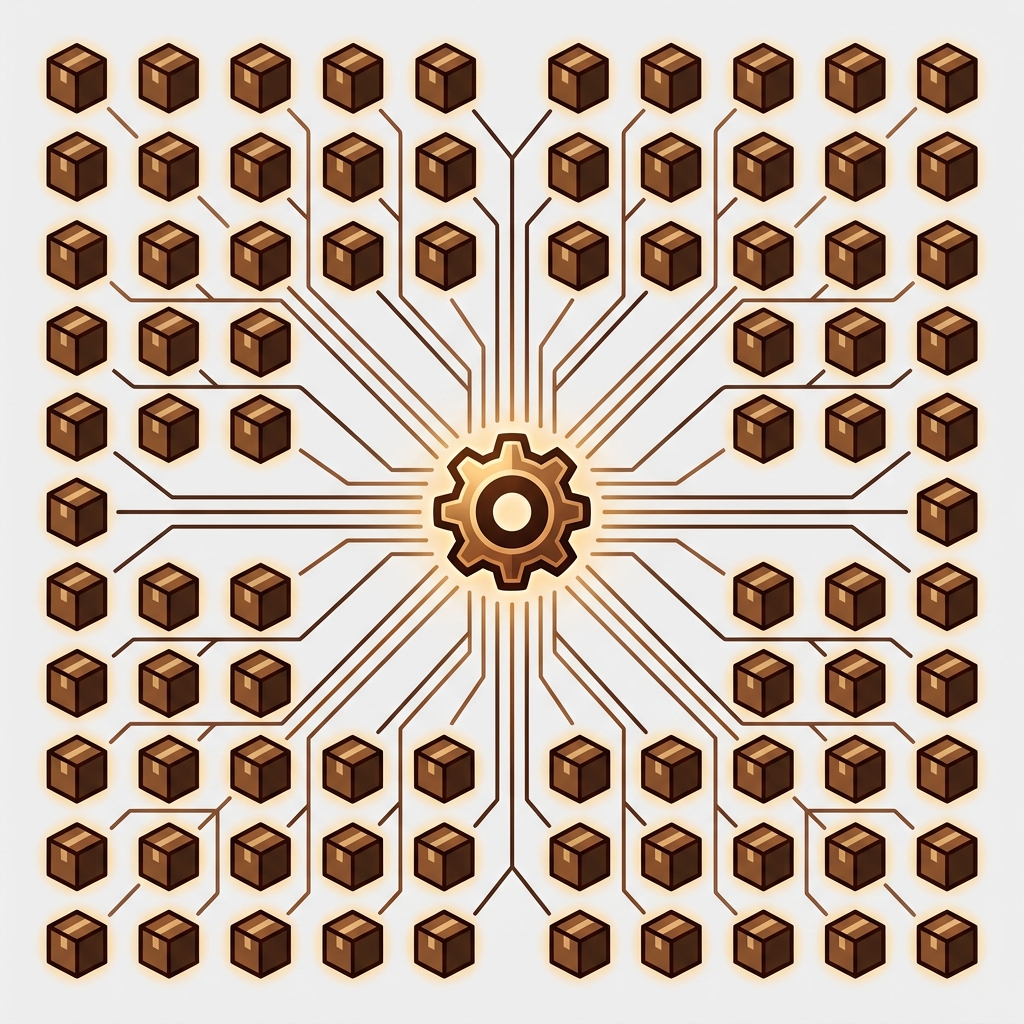 one central glowing gear control connected by clean lines to a grid of many identical product boxes, every box highlighted at once to show a single change applied to all of them, no screens no cells no charts