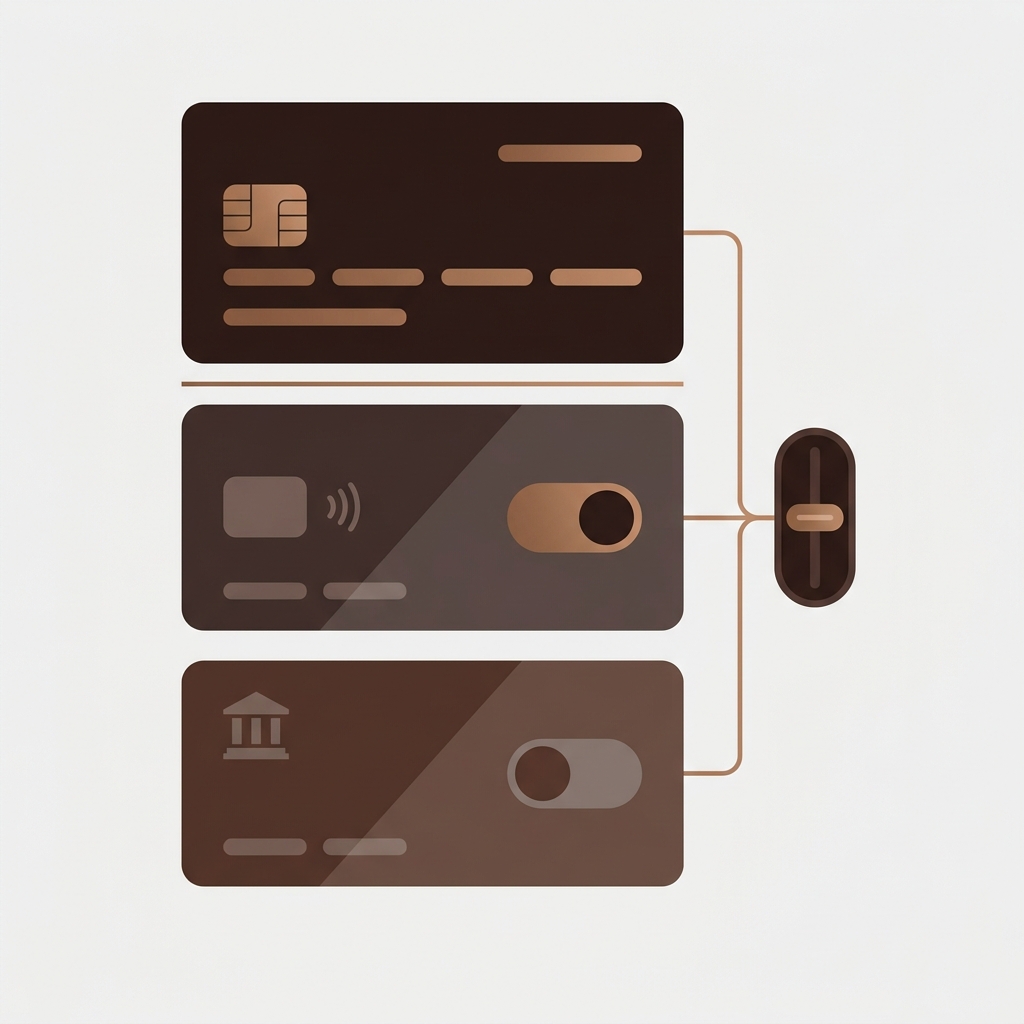 a checkout screen showing a stacked list of payment method cards where some options are switched off by a toggle filter