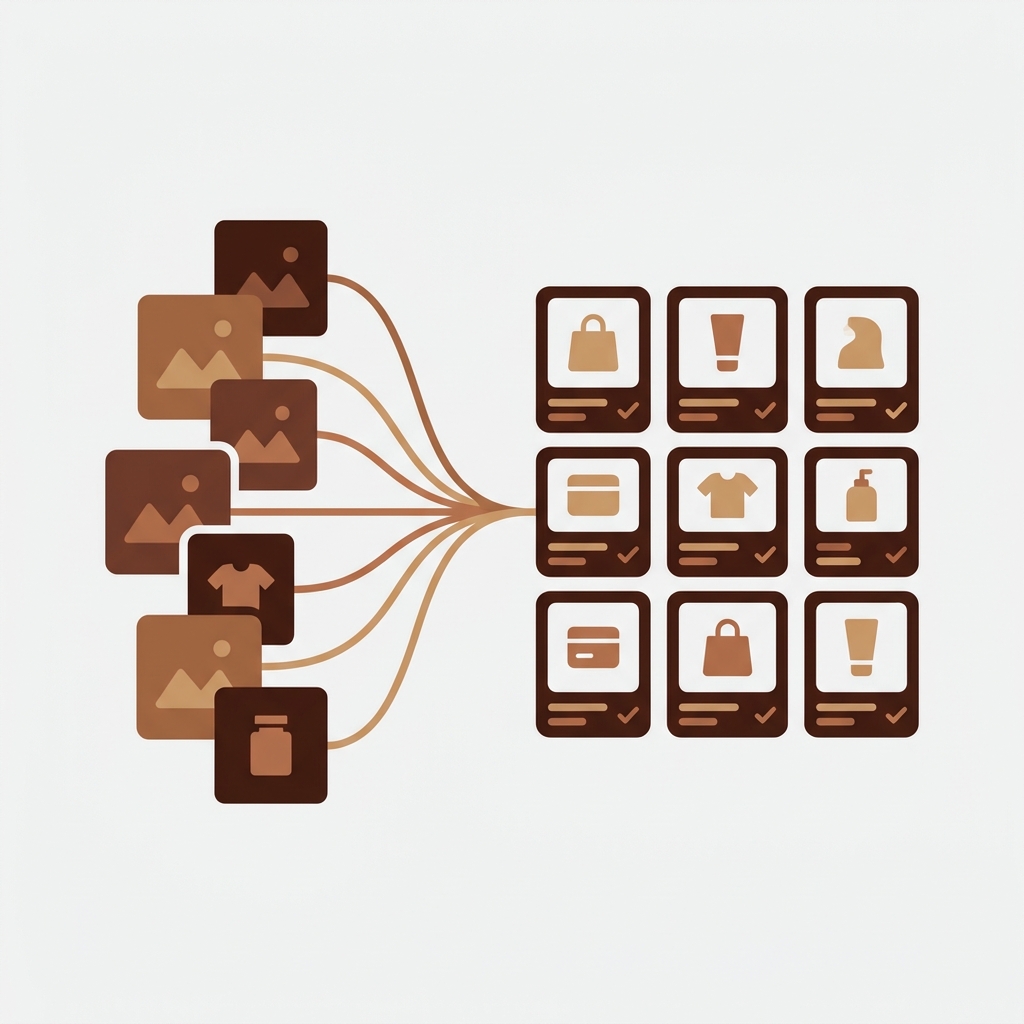 a stack of product photos on the left flowing along connecting lines into an organized grid of product cards on the right, representing bulk image upload automatically matched to products