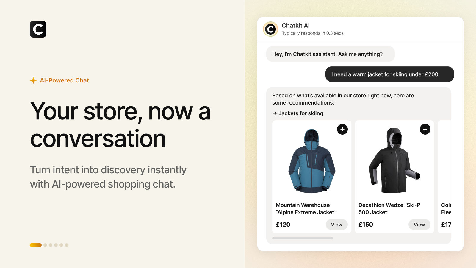 Chatkit AI chatbot agent recommending products in chat on a Shopify store