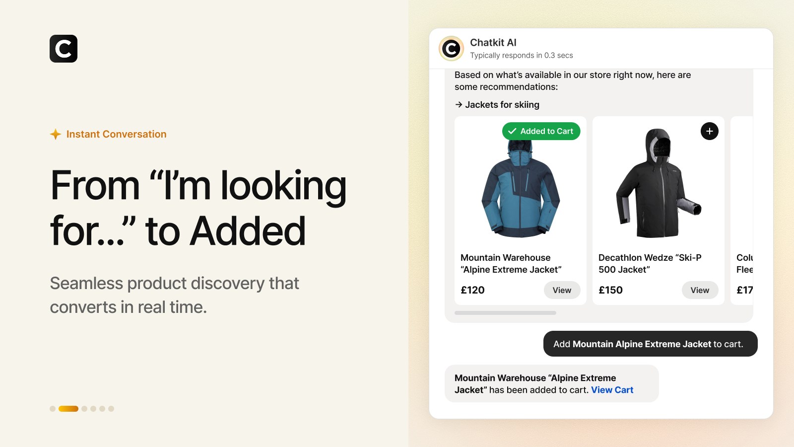 Chatkit AI chatbot adding a recommended product to the Shopify cart inside the chat thread