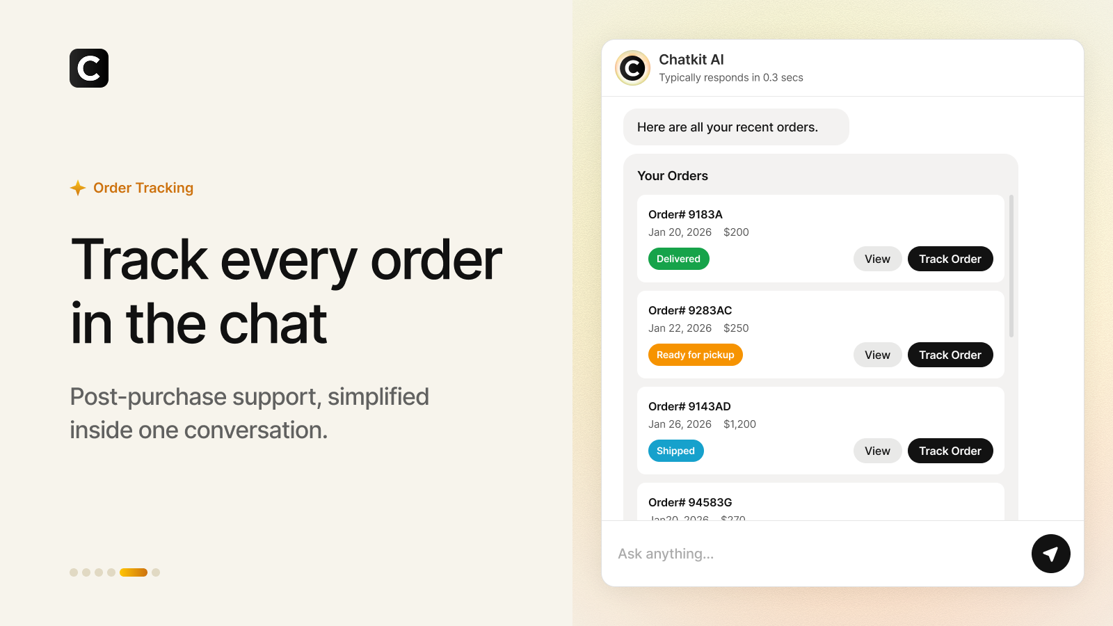 Chatkit AI chatbot showing live Shopify order tracking inside the chat window