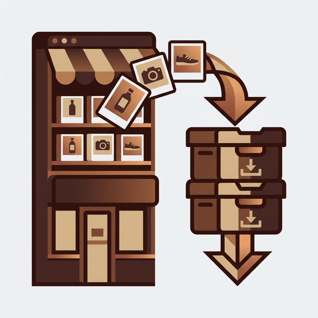 product photos being packaged from a store into a stacked download archive box with a downward export arrow, representing bulk product image export