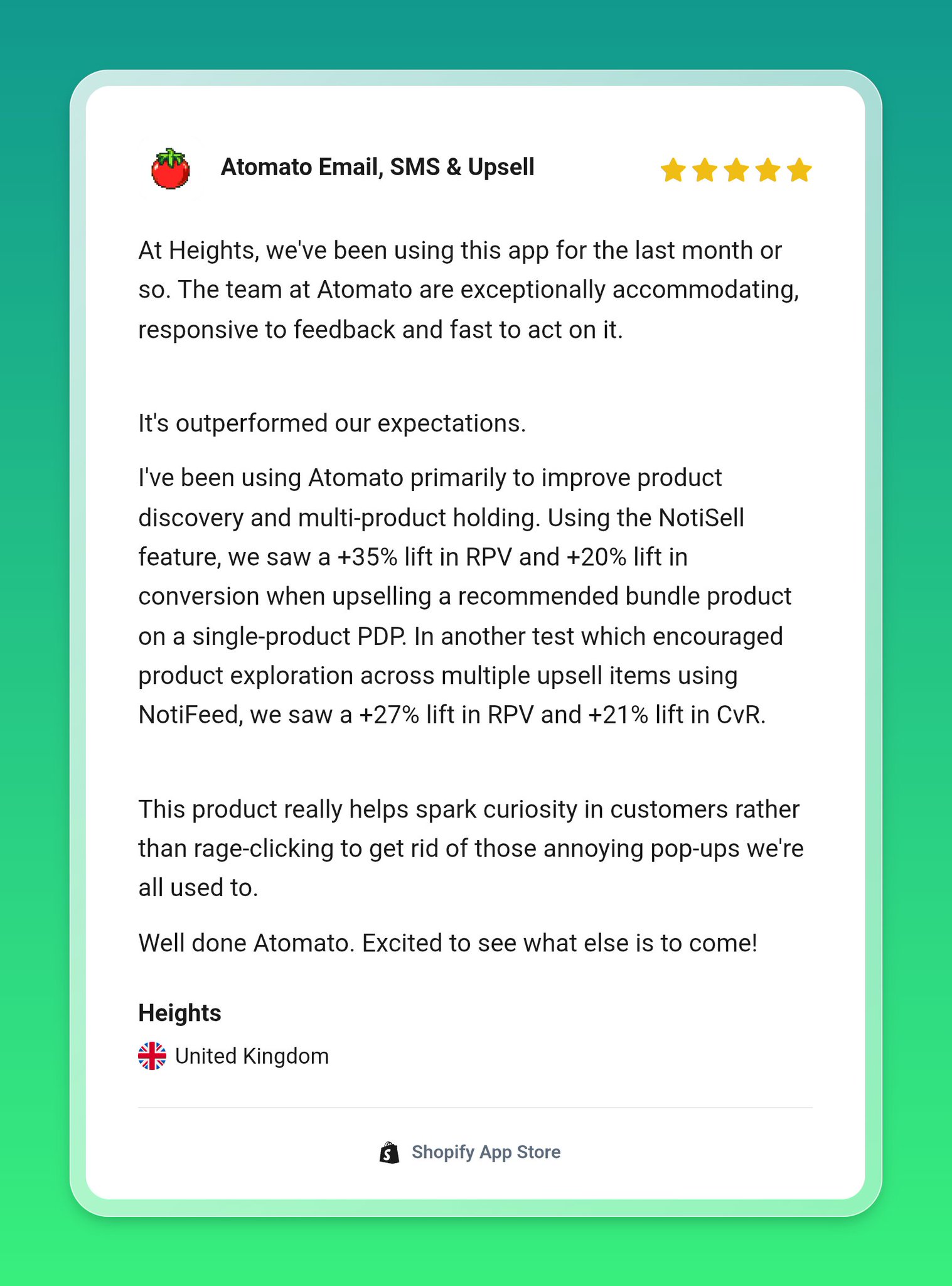 Shopify App Store review of Atomato Email SMS and Upsell rendered as a social media image card on a green background