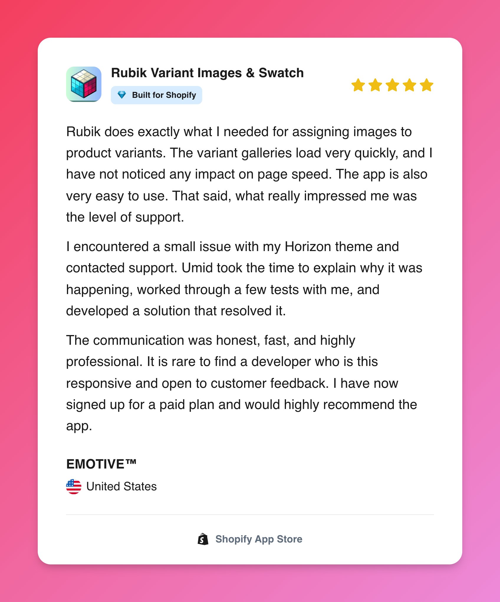 Shopify App Store review of Rubik Variant Images and Swatch turned into a shareable image card with the RankBase review screenshot generator
