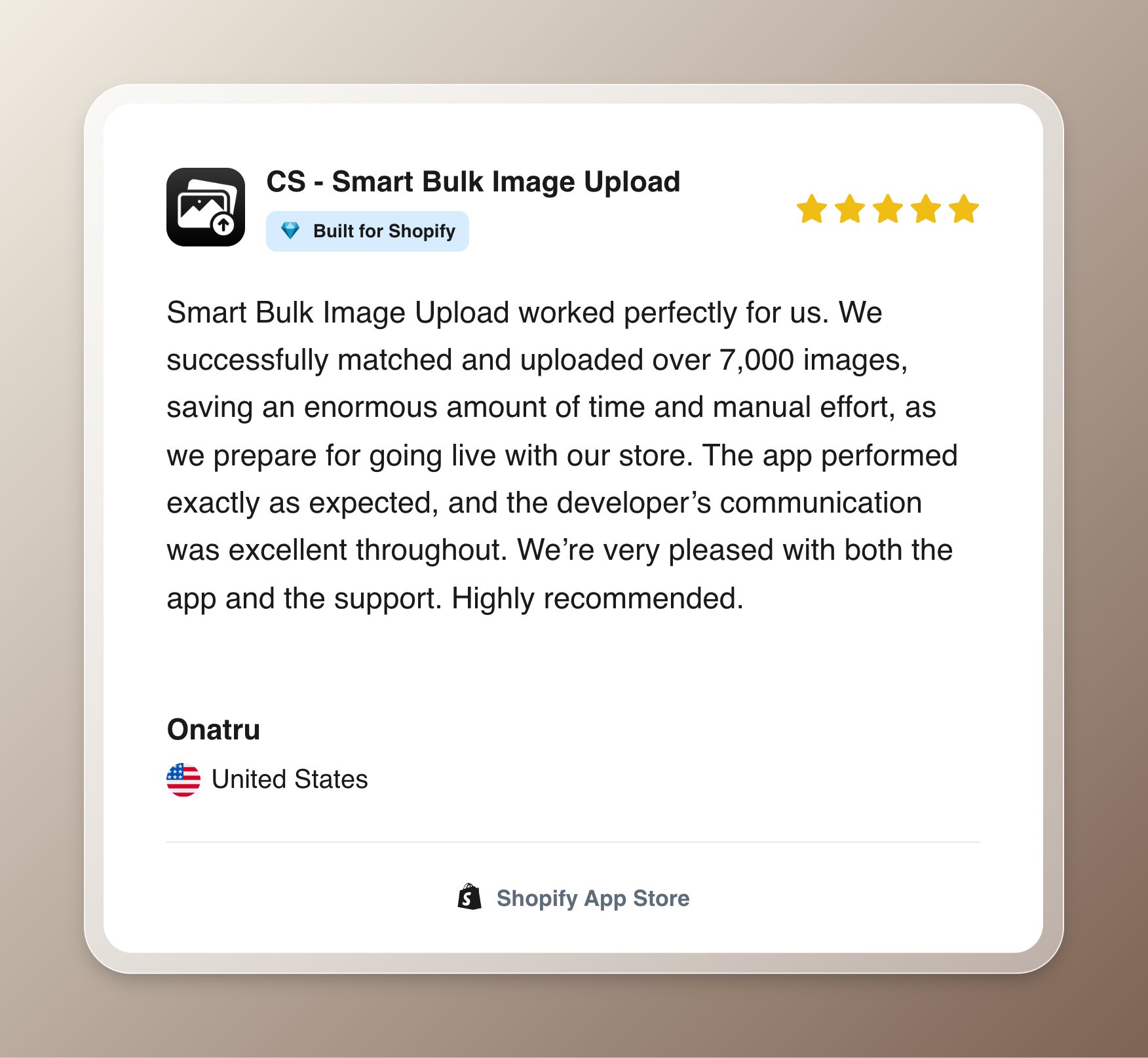 Shopify App Store review of CS Smart Bulk Image Upload rendered as a social media image card on a tan background