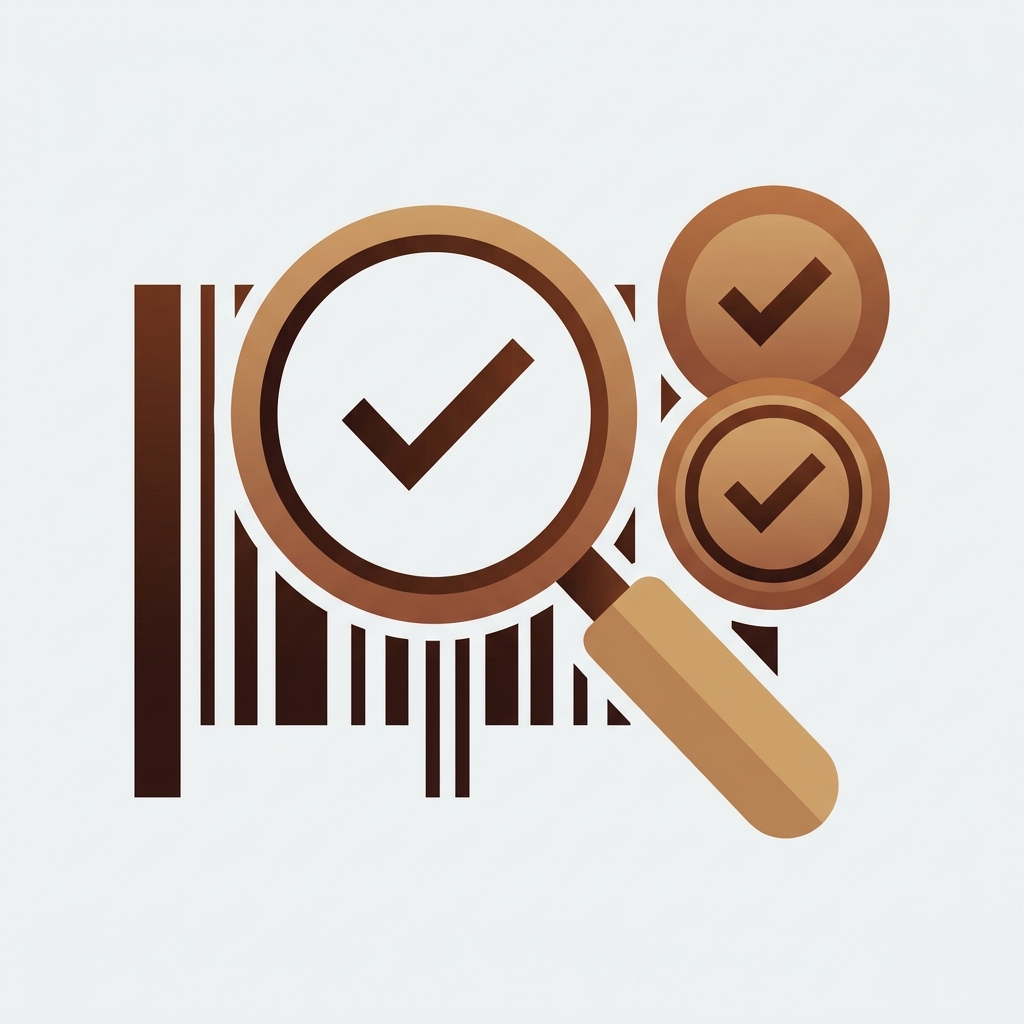 a product barcode symbol being inspected by a magnifying glass with a check mark verification badge beside it