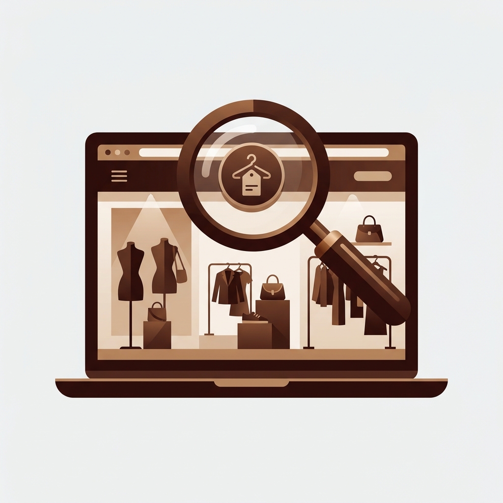 a magnifying glass hovering over a laptop browser window that displays an elegant fashion storefront layout, theme identification concept