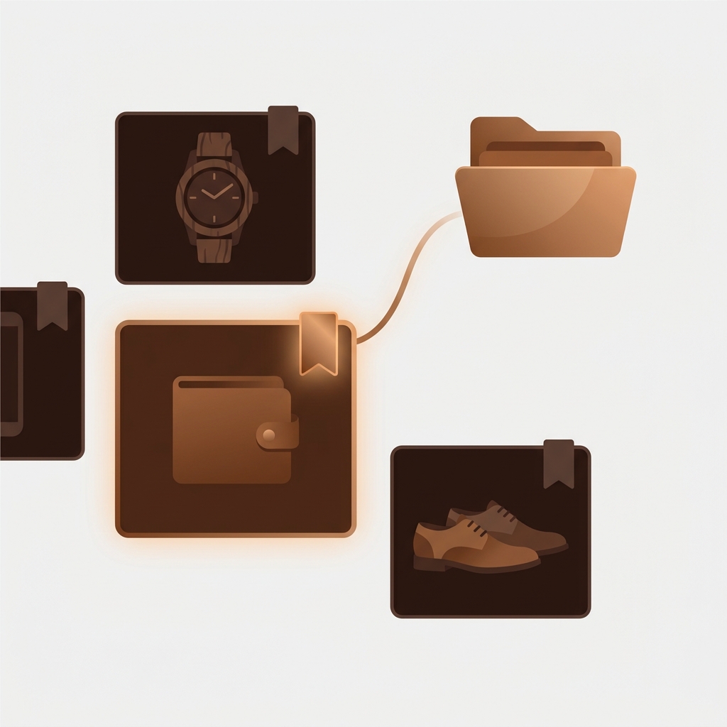 product photo thumbnails being sorted into color groups by a small tag marker label, one color group highlighted