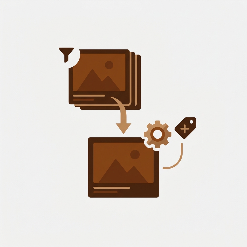 a Shopify product image gallery filtering down to show only one color's photos, with a small settings gear and a metafield tag icon, representing a manual no-app setup