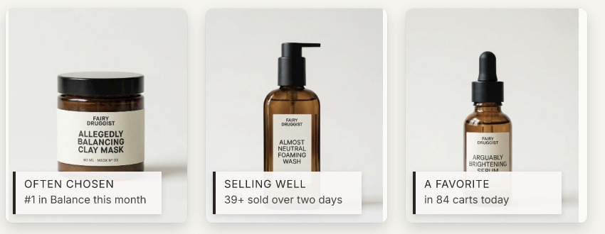 Sold So Many showing a different social proof message on each Shopify product card