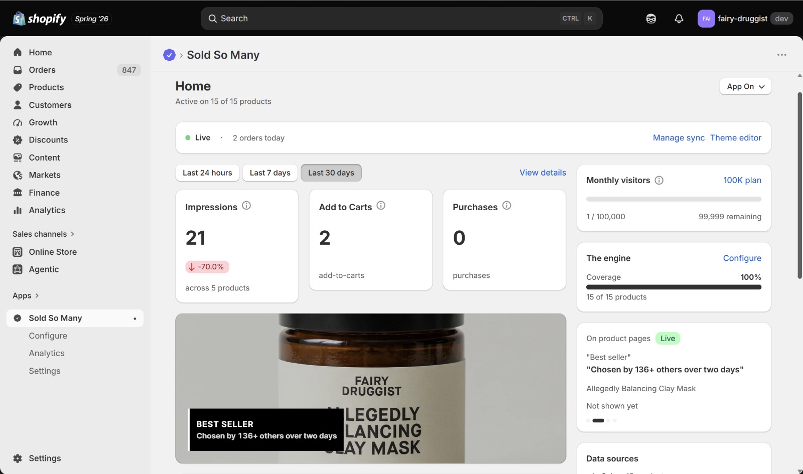 Sold So Many home dashboard with the engine active on all products and a best-seller badge