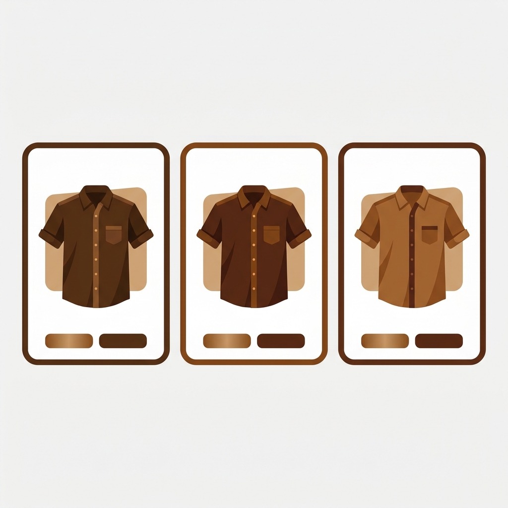three product cards in a row on a collection page grid, each card showing a different color variant of the same shirt, minimal ecommerce UI