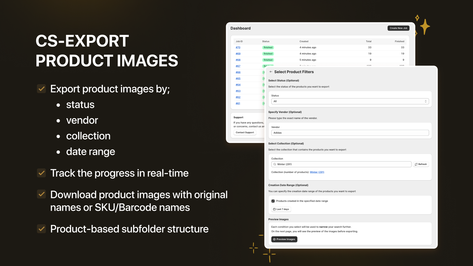 Export Product Images exporting a Shopify catalog as a SKU-named ZIP, ready to convert to WebP
