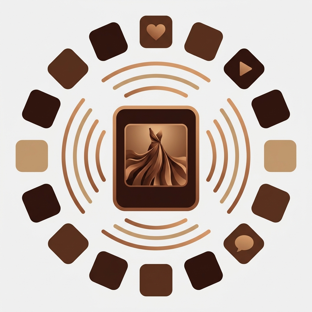 one central product card with a photo of a dress broadcasting curved signal arcs outward to a surrounding circle of eleven blank rounded social app icon squares, some icons showing a heart symbol, a play triangle symbol and a speech bubble symbol