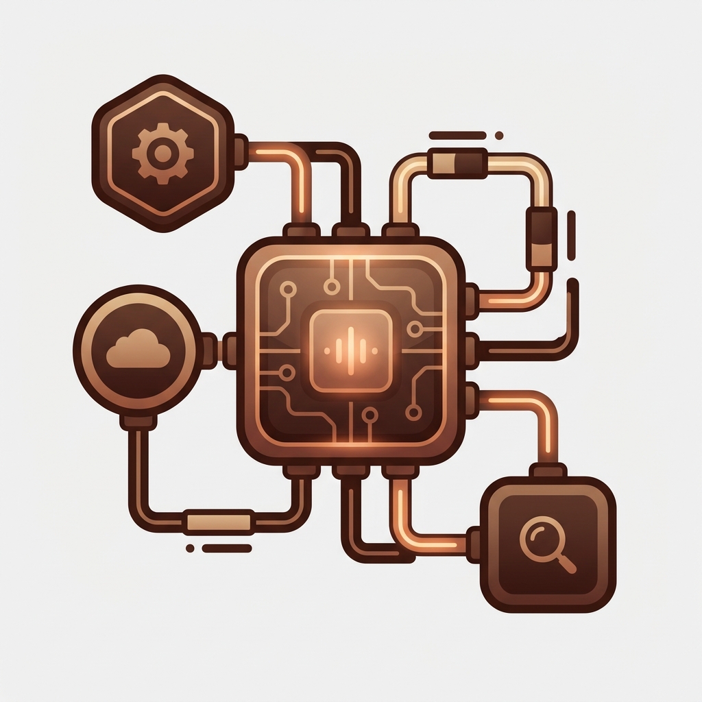 a central glowing AI core connected by short cables to several small rounded tool and plugin blocks arranged around it, representing an AI assistant extended by connected apps and plugins