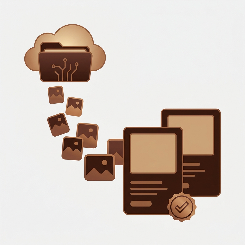 AI-generated product photos flowing from a cloud drive folder into shopify product cards, one card carrying a small compliance label badge, representing bulk uploading AI images and labeling them, minimal flat illustration