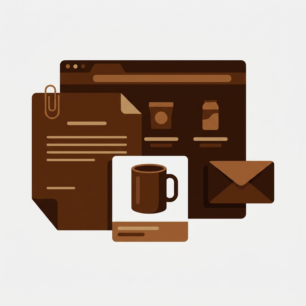 a product photo card being lifted off a browser window by a paper notice document, with a small envelope beside it