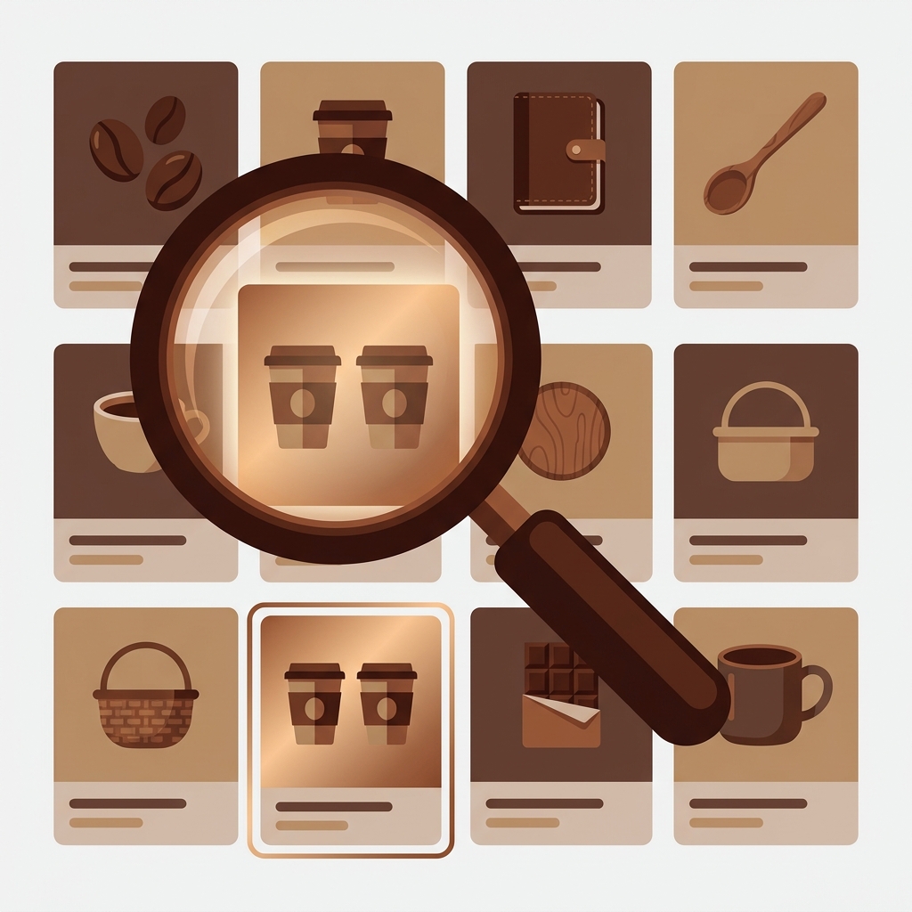 a large magnifying glass held over a grid of product photo cards, with one duplicate card highlighted underneath the lens