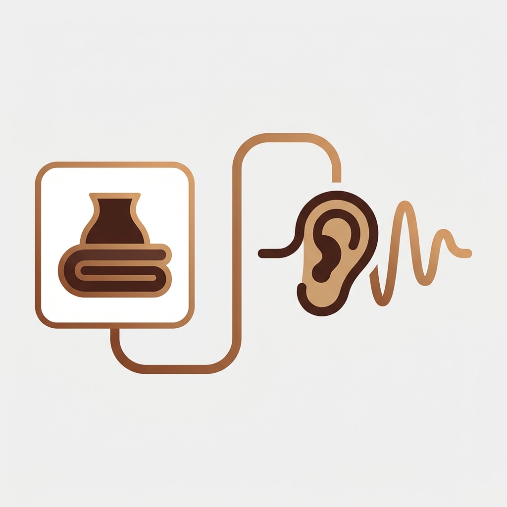 a product photo card connected by a line to a screen-reader speech-wave and ear symbol, representing image alt text being read aloud for accessibility on an online store