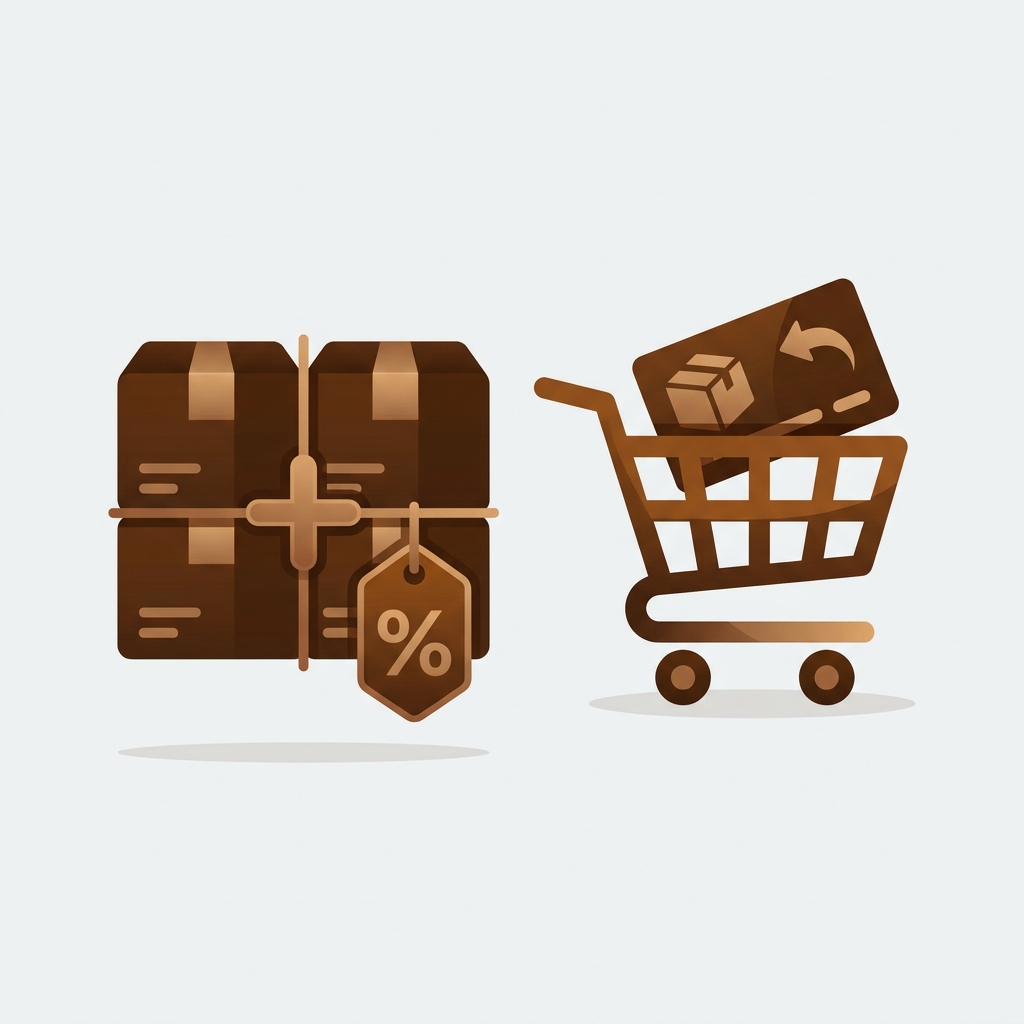 several product boxes grouped into a bundle with a plus sign and a discount tag, plus a cart with an upsell add-on offer card, average order value concept
