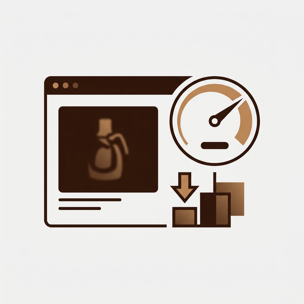 a large product photo on a web page next to a speed performance gauge and a small downward-shifting layout blocks icon, representing image loading speed and layout stability